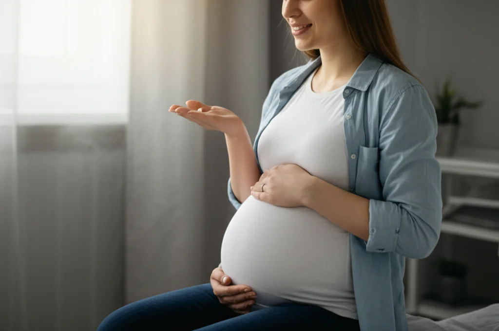 Una donna incinta sorridente tiene in mano una capsula di integratore, luce naturale soffusa che entra da una finestra, stile ritratto 35mm, colori caldi e rassicuranti, profondità di campo ridotta per mettere a fuoco il volto e la capsula.