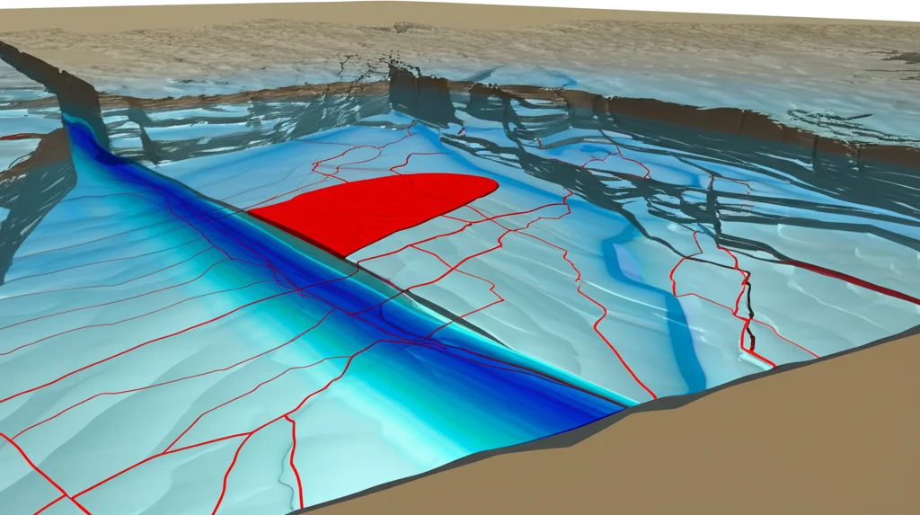 Visualizzazione 3D del sottosuolo danese, modello geologico che mostra un cuscino di sale (salt pillow) in profondità (colori freddi), faglie che lo attraversano (linee rosse) e valli glaciali (palaeovalleys) incise negli strati superficiali (strutture canaliformi in alto), evidenziando la complessa interazione tra stoccaggio CO2 potenziale e risorse idriche sotterranee. Wide-angle, sharp focus, subsurface geological model visualization.
