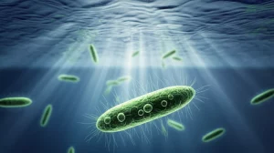 Visualizzazione artistica 3D del parassita Cryptosporidium che fluttua in acqua limpida, con raggi di luce che penetrano la superficie, obiettivo macro 90mm, alta definizione, illuminazione drammatica subacquea.