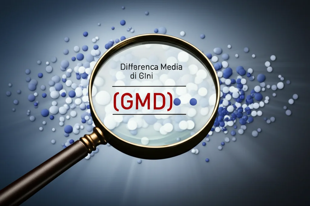 Concetto astratto di variabilità statistica rappresentato da nuvole di punti dati con diversa dispersione, una lente d'ingrandimento stilizzata focalizzata sulla Differenza Media di Gini (GMD) tra due punti, illuminazione drammatica che enfatizza la robustezza, stile concettuale scientifico, prime lens 35mm.