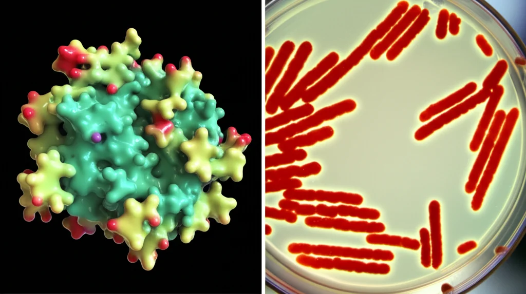 Concetto di immagine divisa: lato sinistro mostra un modello a nastro 3D stilizzato dell'enzima CHMO leggermente luminoso, lato destro mostra uno scatto macro fotorealistico, lente 90mm, di batteri E. coli in un mezzo di coltura con illuminazione controllata.