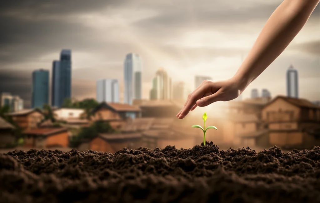 Fotografia concettuale che mostra una mano che pianta un piccolo germoglio in un terreno arido ma con un raggio di sole che lo illumina, mentre sullo sfondo si intravedono sia grattacieli moderni che capanne modeste, rappresentando la nascita dell'imprenditoria sociale in diversi contesti economici. Obiettivo 50mm, profondità di campo che sfoca lo sfondo, luce calda e simbolica sul germoglio, colori naturali.