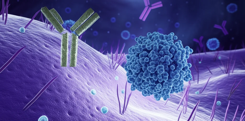 Illustrazione medica astratta di un anticorpo monoclonale (Rituximab) che attacca selettivamente i linfociti B, su uno sfondo che rappresenta il sistema immunitario complesso del lupus, obiettivo macro 85mm, alta definizione, illuminazione drammatica, colori blu e viola duotone.