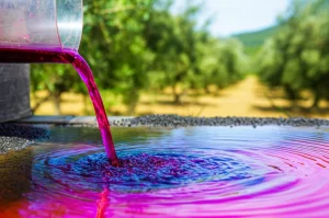 Immagine concettuale che mostra un flusso di acqua colorata (es. blu o rossa) che passa attraverso uno strato trasparente contenente granuli neri di carbone attivo da sansa d'oliva, uscendo dall'altro lato limpida e pulita. Sullo sfondo, un uliveto sfocato. Wide-angle lens 24mm, sharp focus, smooth water effect, depth of field.