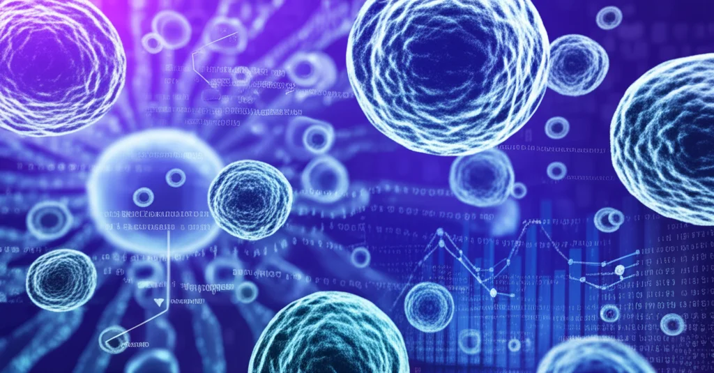 Immagine concettuale di nanomateriali stilizzati, simili a sfere e tubi su scala nanometrica, che interagiscono con cellule biologiche rappresentate schematicamente su uno sfondo digitale astratto che mostra grafici di dati complessi e linee di codice binario, simboleggiando l'analisi high-throughput e la FAIRification dei dati tossicologici, illuminazione high-tech blu e viola.