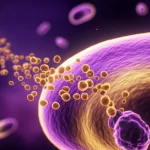 Immagine concettuale stilizzata che rappresenta cellule di cancro al seno in migrazione verso la cervice uterina, usando colori contrastanti viola e oro e un effetto di profondità di campo per dare tridimensionalità, obiettivo prime 35mm.