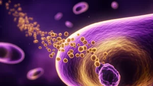 Immagine concettuale stilizzata che rappresenta cellule di cancro al seno in migrazione verso la cervice uterina, usando colori contrastanti viola e oro e un effetto di profondità di campo per dare tridimensionalità, obiettivo prime 35mm.
