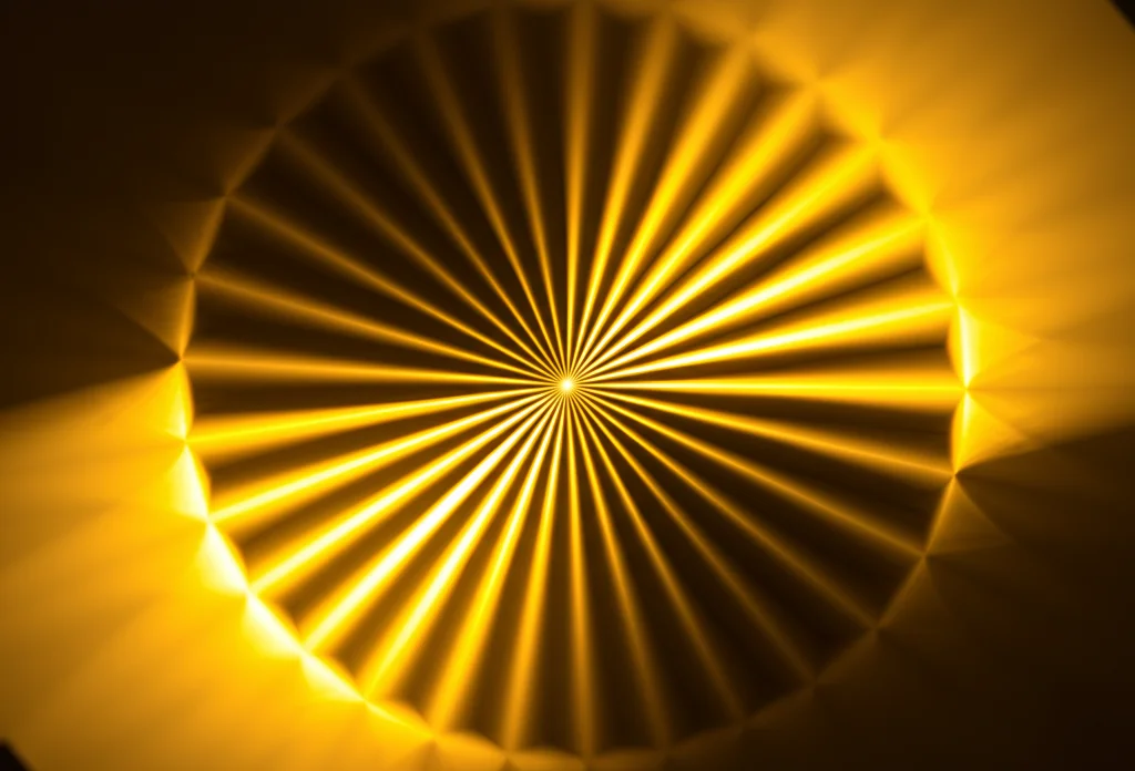 Immagine fotorealistica di un fascio di raggi X coerente che illumina un campione nanostrutturato (come una stella Siemens dorata), generando pattern di diffrazione complessi su un rilevatore digitale sullo sfondo. Stile macrofotografia, focale 85mm, alta definizione dei dettagli, illuminazione controllata da laboratorio, profondità di campo ridotta.