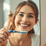 Immagine fotorealistica di una studentessa adolescente sorridente che si lava i denti davanti allo specchio del bagno, luce calda del mattino, obiettivo macro da 60mm, alta definizione, focus preciso sullo spazzolino e sui denti.