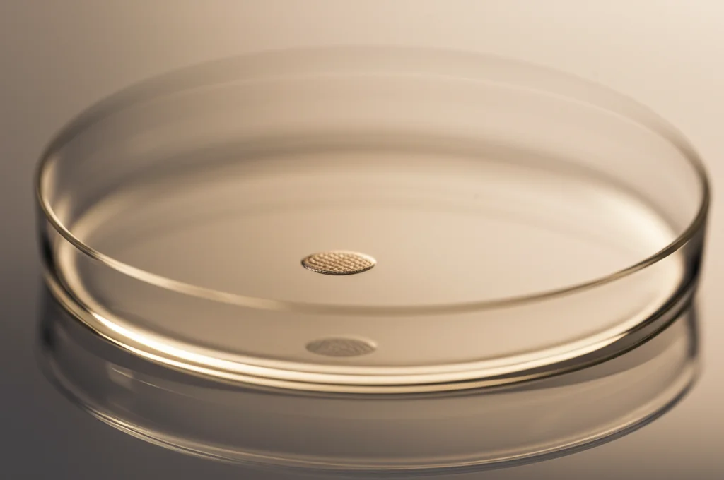 Immagine macro di un ovocita umano su una piastra di Petri in un laboratorio di FIVET, luce soffusa e controllata, alta definizione, obiettivo macro 90mm, focus preciso sull'ovocita.