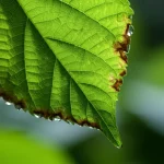 Immagine macro fotorealistica, obiettivo 105mm, di una singola foglia di gelso verde vibrante con sottili segni di avvizzimento al bordo, gocce di rugiada presenti, high detail, precise focusing, controlled soft lighting, simboleggiante la lotta della pianta contro l'avvizzimento batterico.