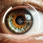 Macro fotografia dell'occhio umano, macro lens 100mm, con sovrapposizioni grafiche digitali che indicano misurazioni biometriche del segmento anteriore, focus preciso sulle strutture interne come il corpo ciliare, illuminazione da studio controllata.