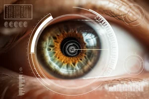 Macro fotografia dell'occhio umano, macro lens 100mm, con sovrapposizioni grafiche digitali che indicano misurazioni biometriche del segmento anteriore, focus preciso sulle strutture interne come il corpo ciliare, illuminazione da studio controllata.