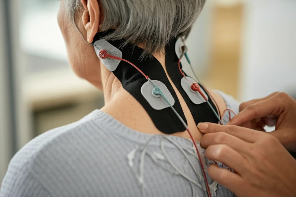 Mani gentili di un operatore sanitario che applicano elettrodi IFC-TESS sul collo di una persona anziana serena in una struttura di lungodegenza, luce naturale morbida. Obiettivo prime 50mm, profondità di campo media, toni caldi e rassicuranti, fotografia realistica.