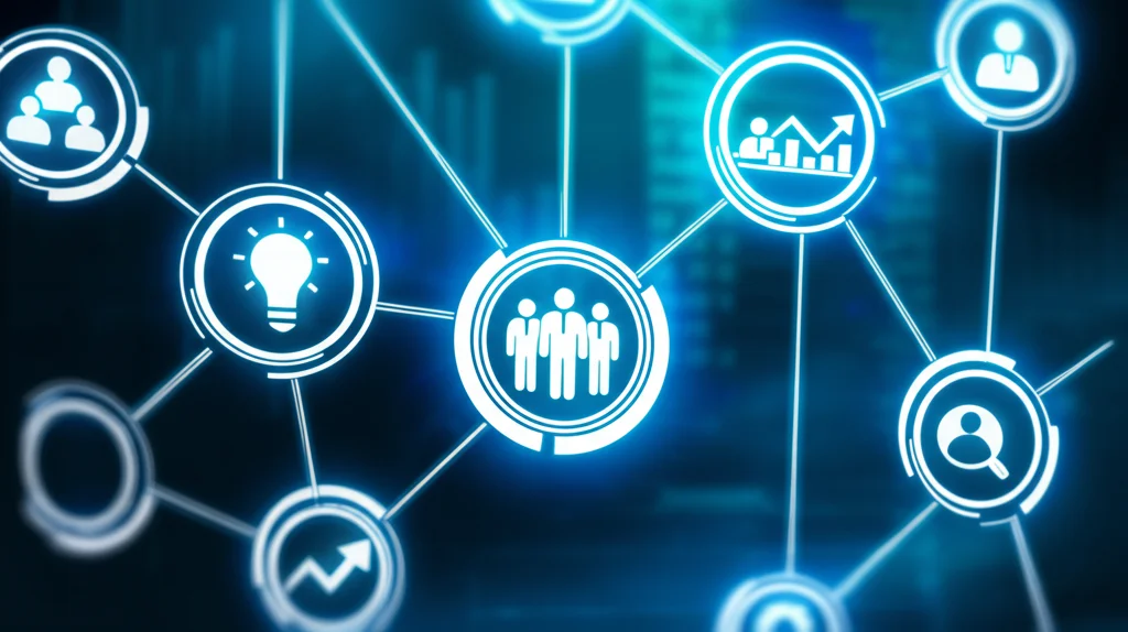 Mappa concettuale luminosa che collega icone di persone, idee, tecnologia e grafici di crescita in un ambiente dinamico, stile fotografia still life, obiettivo macro 80mm, alta definizione, illuminazione controllata evocativa di innovazione.