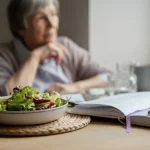 Primo piano di un diario alimentare aperto accanto a un piatto con una porzione modesta di insalata colorata. Sullo sfondo sfocato, una persona anziana con espressione pensierosa guarda fuori da una finestra. Luce naturale morbida, obiettivo prime 50mm, profondità di campo ridotta per isolare il diario e il piatto.