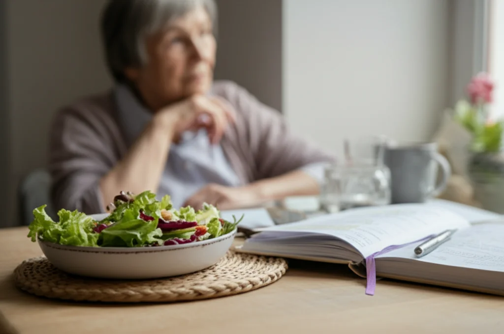 Primo piano di un diario alimentare aperto accanto a un piatto con una porzione modesta di insalata colorata. Sullo sfondo sfocato, una persona anziana con espressione pensierosa guarda fuori da una finestra. Luce naturale morbida, obiettivo prime 50mm, profondità di campo ridotta per isolare il diario e il piatto.