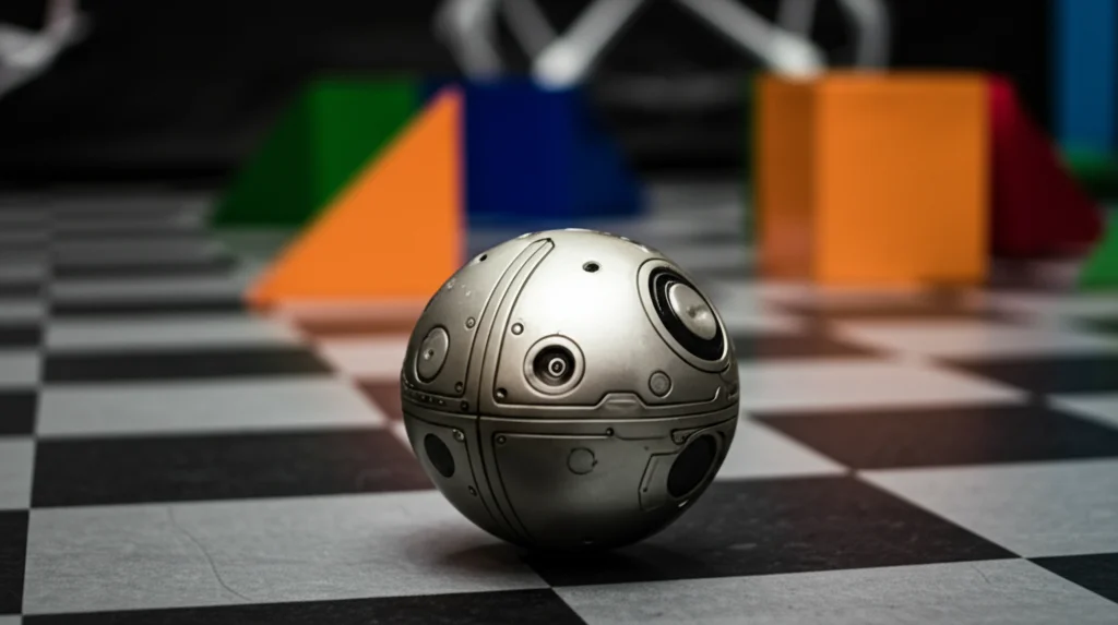 Primo piano di un robot sferico futuristico con superficie metallica lucida, fermo su un pavimento a scacchiera, mentre sullo sfondo sfocato si intravedono ostacoli geometrici colorati. Obiettivo prime da 35mm, profondità di campo ridotta, illuminazione drammatica stile film noir per enfatizzare la forma e la tecnologia.