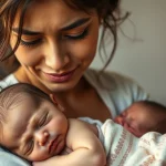 Ritratto fotografico realistico di una donna latina che tiene in braccio il suo neonato, espressione mista di amore e stanchezza. Prime lens 50mm, luce calda e soffusa, profondità di campo che sfoca leggermente lo sfondo, stile intimo e toccante.