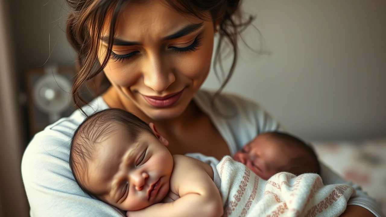 Ritratto fotografico realistico di una donna latina che tiene in braccio il suo neonato, espressione mista di amore e stanchezza. Prime lens 50mm, luce calda e soffusa, profondità di campo che sfoca leggermente lo sfondo, stile intimo e toccante.