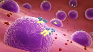 Visualizzazione artistica 3D di cellule tumorali del seno rosa e viola che interagiscono tra loro e con la matrice extracellulare, evidenziando molecole di adesione stilizzate sulla superficie cellulare come piccoli ponti luminosi, illuminazione drammatica laterale, obiettivo macro 60mm, alto dettaglio e texture realistiche delle cellule.