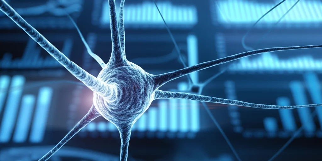 Visualizzazione concettuale dell'intelligenza artificiale applicata alla medicina: una rete neurale stilizzata sovrapposta a grafici di dati medici sfocati, con un focus su una rappresentazione astratta del litio. Obiettivo prime 35mm, profondità di campo, illuminazione drammatica.