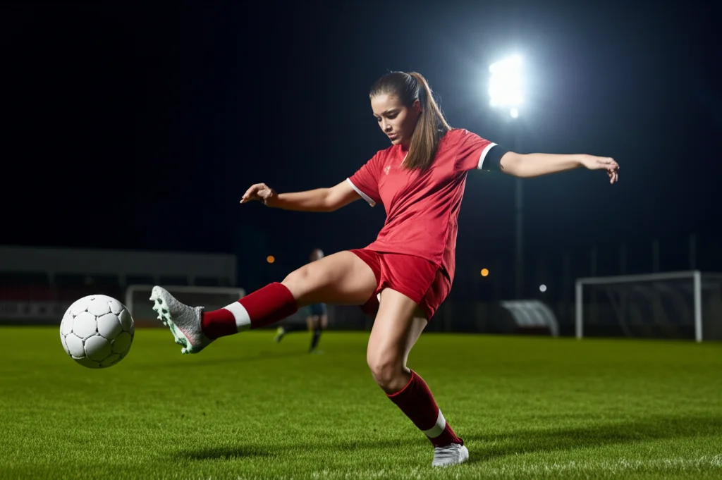 Calciatrice professionista in azione durante una partita serale sotto i riflettori, scatto dinamico con teleobiettivo 200mm, alta velocità otturatore per congelare il movimento, tracciamento del movimento, focus sull'intensità dello sforzo fisico e l'atletismo.