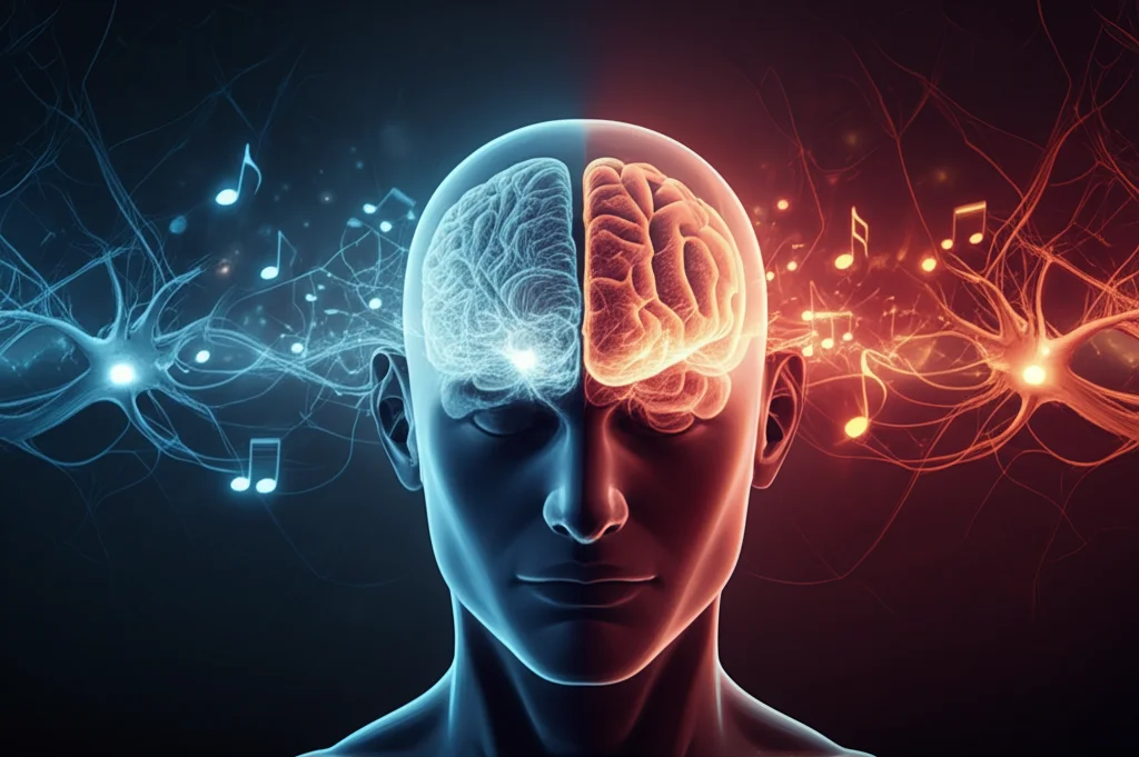 Immagine concettuale di un cervello umano diviso a metà: una parte mostra connessioni neurali attenuate in tonalità blu freddo (rappresentante l'effetto dell'escitalopram), l'altra connessioni vibranti in rosso/arancio caldo (rappresentante l'effetto della psilocibina) che interagiscono attivamente con note musicali luminose fluttuanti. Prime lens, 35mm, depth of field accentuata, duotone blu e arancio-rosso, sfondo scuro e pulito.