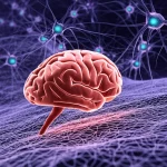 Immagine concettuale fotorealistica, obiettivo macro 100mm, illuminazione controllata, che mostra la molecola AKU-005 interagire con gli enzimi idrolasi endocannabinoidi (MAGL, FAAH, ABHD6) su uno sfondo che rappresenta la corteccia cerebrale con neuroni stilizzati.