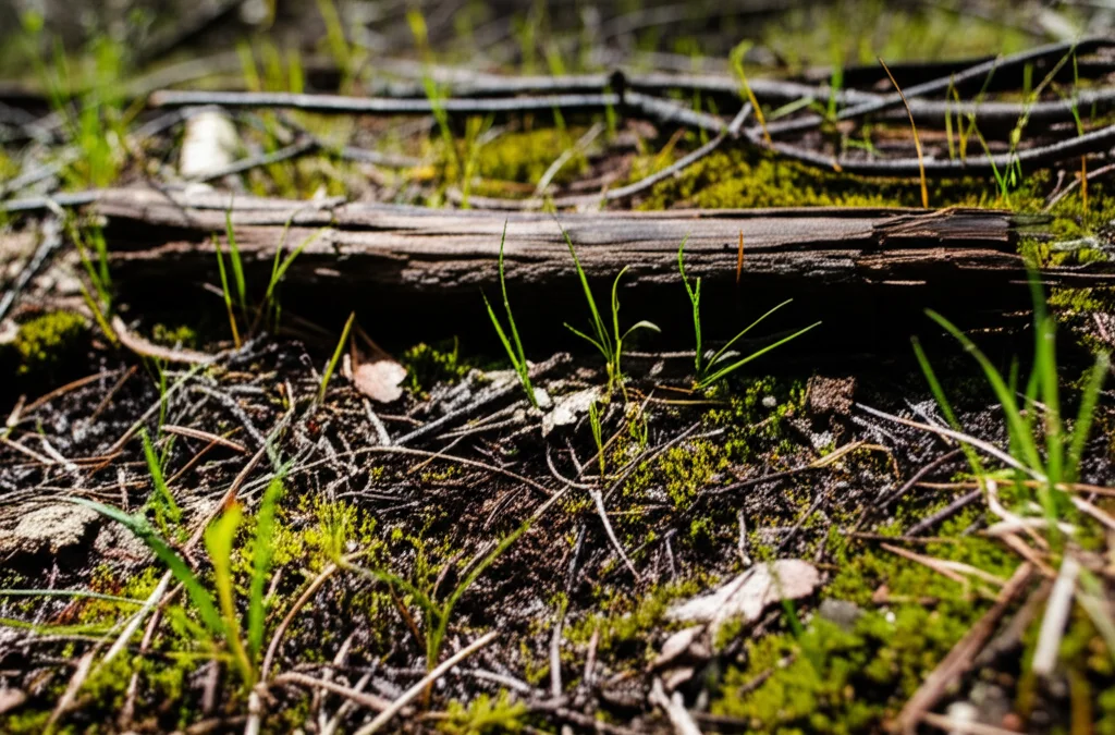 Macro lente, 70 mm, colpo vicino che mostra il contrasto dettagliato della trama all'interfaccia tra un grande registro abbattuto e il terreno in fase di recupero sotto di esso. Cinque anni dopo un incendio in una foresta dell'Italia centrale, stanno emergendo scatti spazi di erba e muschio. La luce solare controllata e leggermente diffusa illumina la scena, evidenziando gocce di umidità sulla superficie del suolo.