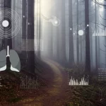 Paesaggio grandangolare fotorealistico, obiettivo 15mm, che mostra un sentiero tortuoso che si addentra in una foresta avvolta dalla nebbia, simboleggiando il lungo e incerto percorso di recupero dai sintomi post-Covid. Nella nebbia si intravedono sottili elementi grafici che richiamano aspetti fisici (contorni simili a polmoni), cognitivi (pattern simili a reti neurali) e psicologici (forme astratte evocative). Lunga esposizione per rendere la nebbia fluida e suggestiva, luce soffusa dell'alba.