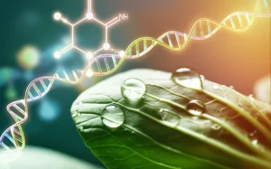 Primo piano macro di una foglia di pak choi autotetraploide, vibrante e turgida, con gocce d'acqua cristalline sulla superficie. Sullo sfondo sfocato, una rappresentazione grafica stilizzata e luminosa di molecole di miRNA che interagiscono con filamenti di mRNA. Obiettivo macro 105mm, illuminazione laterale controllata per esaltare la texture della foglia e la tridimensionalità delle gocce, alta definizione, effetto bokeh artistico sullo sfondo.