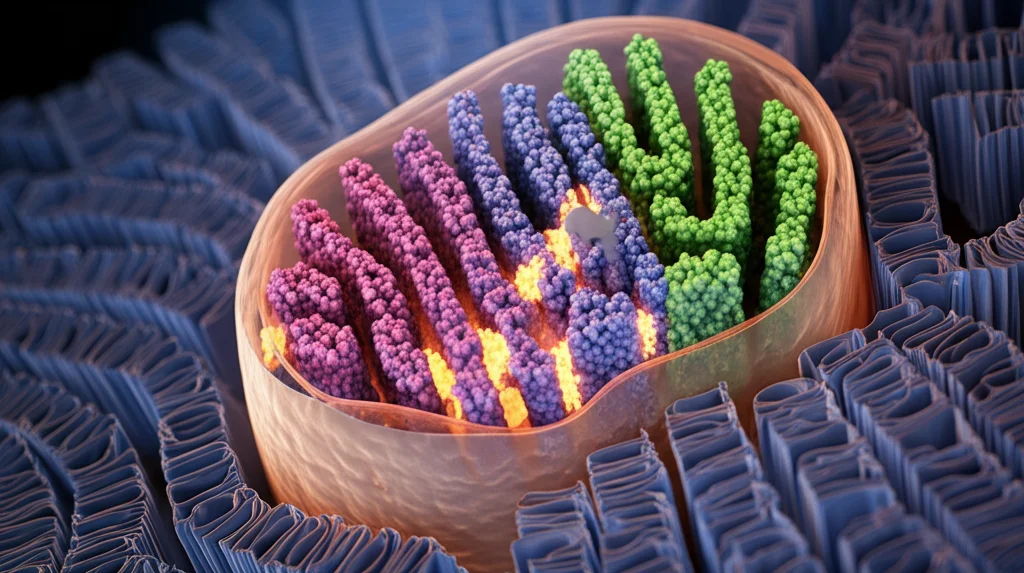 Visualizzazione 3D fotorealistica di un mitocondrio sezionato all'interno di una cellula muscolare, con la catena di trasporto degli elettroni sulle creste mitocondriali interne illuminata. Il Complesso I è evidenziato con un colore distinto. Illuminazione drammatica laterale, alto dettaglio delle membrane e delle proteine, stile scientifico ma accattivante.