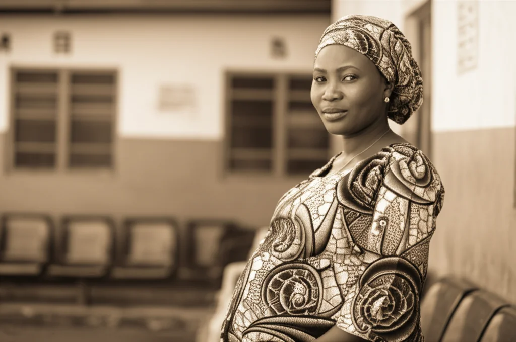 Fotografia ritratto di una donna nigeriana incinta sui 25-30 anni, che guarda direttamente verso la camera con un'espressione riflessiva ma speranzosa. Luce naturale morbida, ambientazione in una semplice sala d'attesa di una clinica o all'aperto nel suo contesto comunitario. Obiettivo prime, 35mm, profondità di campo che sfoca leggermente lo sfondo, tonalità duotone calde (es. seppia e crema).