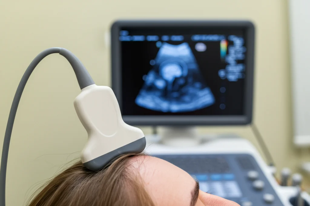 Immagine fotorealistica di un'ecografia transcranica in corso. Primo piano sulla sonda ecografica appoggiata delicatamente sulla tempia di una persona, con un'immagine stilizzata del cervello visibile sullo schermo dell'ecografo sullo sfondo. Illuminazione da studio medico, obiettivo prime 35mm, focus selettivo sulla sonda.