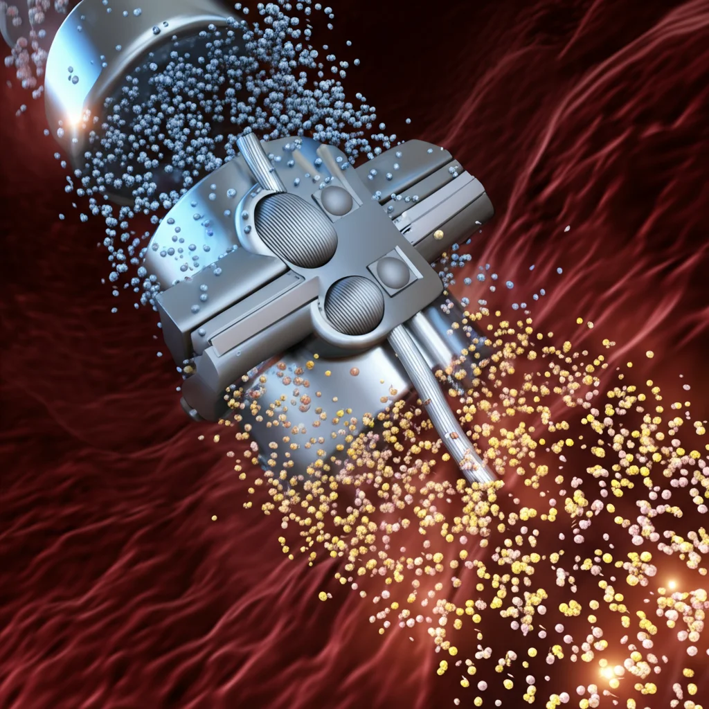 Immagine fotorealistica, obiettivo da 20 mm ad angolo largo, rappresentazione concettuale di ioni metallici microscopici che fluiscono da una sezione di impianto spinale in un flusso sanguigno stilizzato, una forte attenzione sull'interfaccia dell'impianto, sottile effetto bagliore sugli ioni.