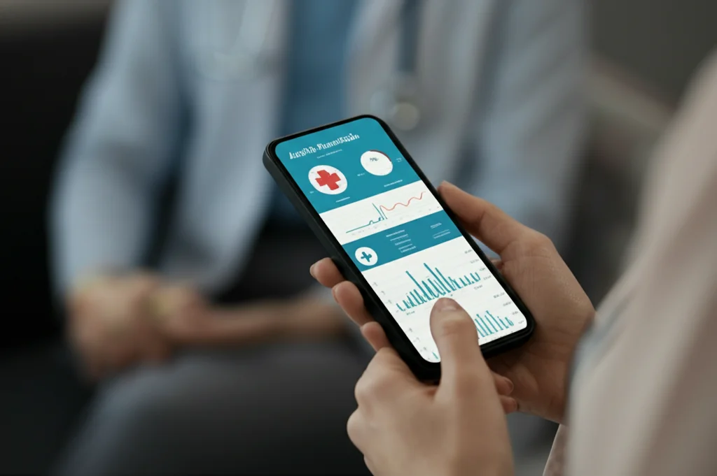 Primo piano di mani curate che tengono uno smartphone con un'app di monitoraggio della salute per l'artrite reumatoide, sfocato sullo sfondo un ambiente clinico rassicurante. Luce morbida, obiettivo prime 35mm, profondità di campo.