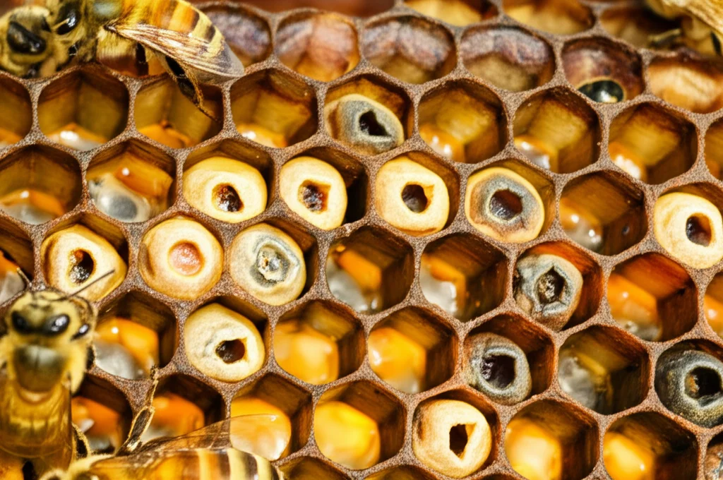 Primo piano di un favo d'api con alcune celle di covata dall'aspetto malato e scolorito, accanto a celle sane, fotografia macro 90mm, alta definizione, illuminazione laterale per creare contrasto tra le larve sane e quelle infette.