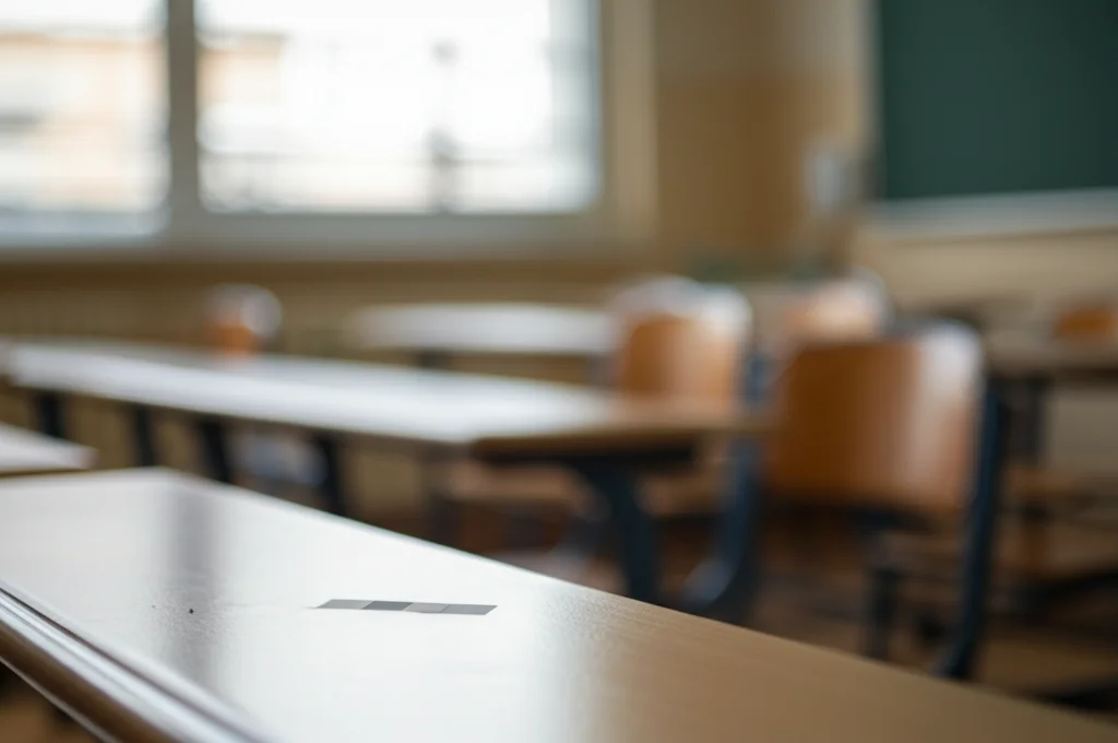 Primo piano di un rilevatore di radon passivo tipo LR 115 posizionato su un banco di scuola vuoto in un'aula moderna, luce naturale dalla finestra, obiettivo macro 85mm, messa a fuoco precisa sul rilevatore, profondità di campo ridotta per sfocare lo sfondo.