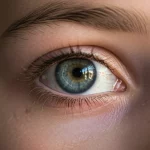 Primo piano fotorealistico dell'occhio di un bambino (7-10 anni) con leggera infiammazione palpebrale tipica della blefarite, obiettivo da ritratto 35mm, profondità di campo, luce naturale, focus sull'occhio e margine palpebrale.