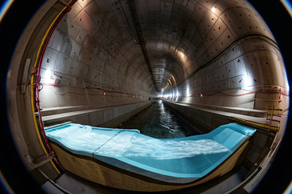 Vista grandangolare di un tunnel metropolitano moderno che passa sotto un fiume, sezione trasversale visibile con strati geologici e flusso d'acqua simulato, ingegneria civile, lente grandangolare 15mm, focus nitido, illuminazione drammatica.