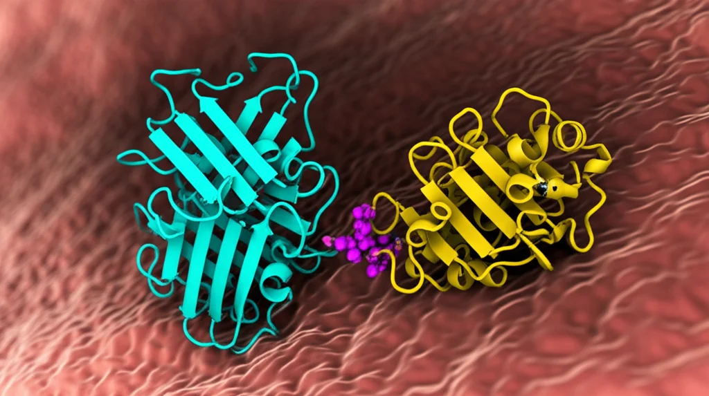 Visualizzazione 3D artistica di una proteina chinasi istidinica dimerica che interagisce con il suo regolatore di risposta all'interno di una cellula batterica, con segnali molecolari che fluiscono tra loro, simboleggiando la trasduzione del segnale. Macro lens, 90mm, high detail, precise focusing, controlled lighting, sfondo astratto biologico.