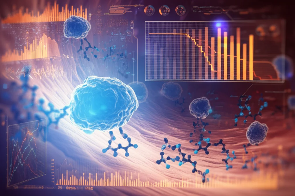 Visualizzazione concettuale della ricerca sulla Leucemia Mieloide Acuta (LMA) e la disulfidptosi, mostrando strutture molecolari stilizzate di LncRNA che interagiscono con cellule leucemiche all'interno di un vaso sanguigno, sfondo astratto high-tech con grafici di dati di sopravvivenza, lente prime 35mm, profondità di campo per isolare gli elementi chiave, colori blu scientifico e arancione allarme duotone.
