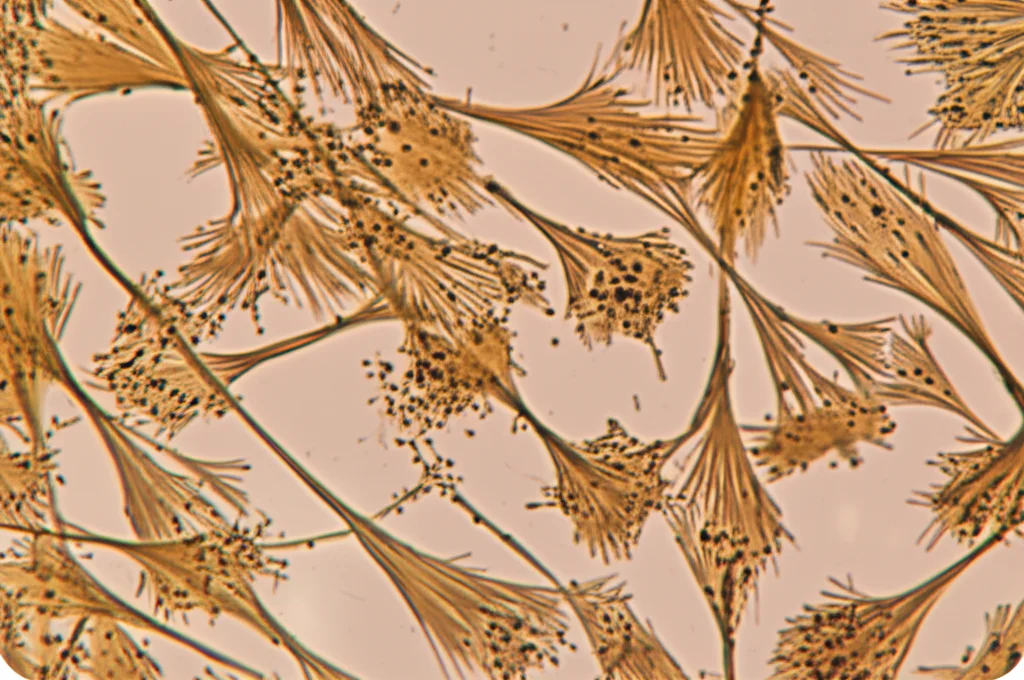 Immagine fotorealistica al microscopio di cellule pulpari (fibroblasti) in coltura, vista macro con lente da 60mm. Alcune cellule mostrano una morfologia leggermente alterata o segni di stress (es. forma più arrotondata o granulazioni interne), a simboleggiare la risposta infiammatoria (produzione di IL-8/MMP-3) all'esposizione batterica indiretta. Illuminazione controllata, high detail, sfondo neutro da piastra di coltura.