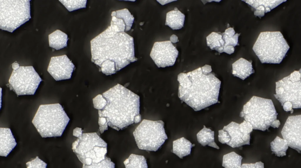 Fotografia macro, obiettivo 90mm, di foglietti esagonali di nitruro di boro (h-BN) bianco brillante, di dimensioni relativamente grandi (circa 40-50 micrometri), sparsi su una superficie scura. Illuminazione controllata per evidenziare la cristallinità e la forma esagonale. Dettaglio elevato, messa a fuoco precisa sulla struttura lamellare di alcuni foglietti.