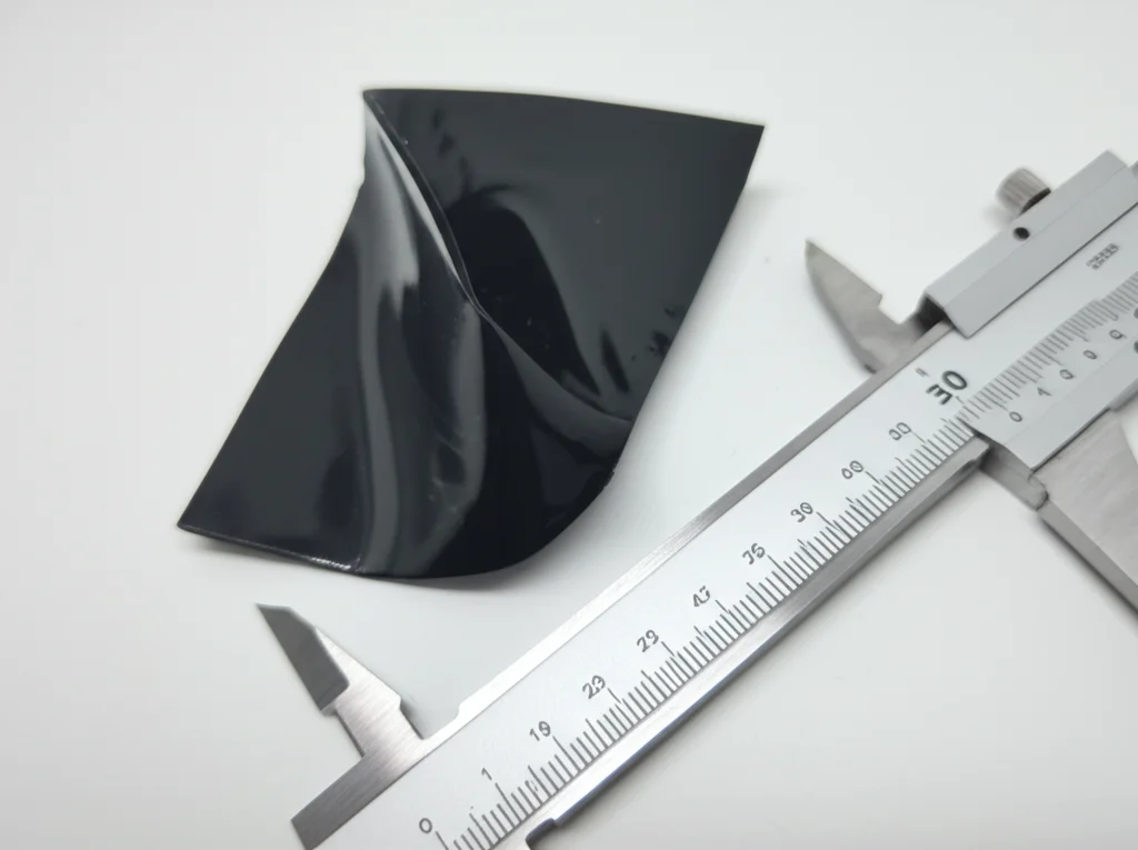 Fotografia still life, obiettivo macro 60mm, che mostra un campione del composito BN/TPU flessibile, piegato o arrotolato per dimostrarne la flessibilità. Accanto, strumenti di misura come un calibro o un righello per dare un'idea delle dimensioni. Illuminazione controllata che esalta la texture superficiale e la flessibilità del materiale. Dettaglio elevato.