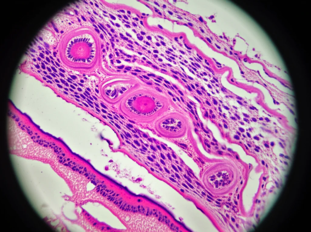 Macro fotografia di un vetrino istologico di displasia epiteliale orale, visualizzato al microscopio. Lente macro 100mm, alta definizione dei dettagli cellulari e architetturali, illuminazione controllata per evidenziare le aree di alterazione displastica rispetto al tessuto normale circostante.