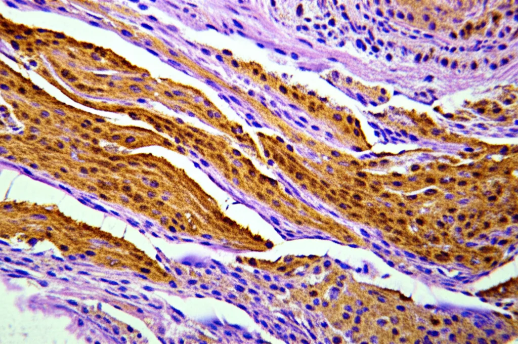Immagine immunoistochimica che mostra l'espressione della proteina S100A7 (colorazione marrone intensa) nel tessuto epiteliale orale displastico ad alto rischio di trasformazione, vista al microscopio. Lente macro 60mm, messa a fuoco precisa sui dettagli della colorazione citoplasmatica e nucleare negli strati superiori dell'epitelio.