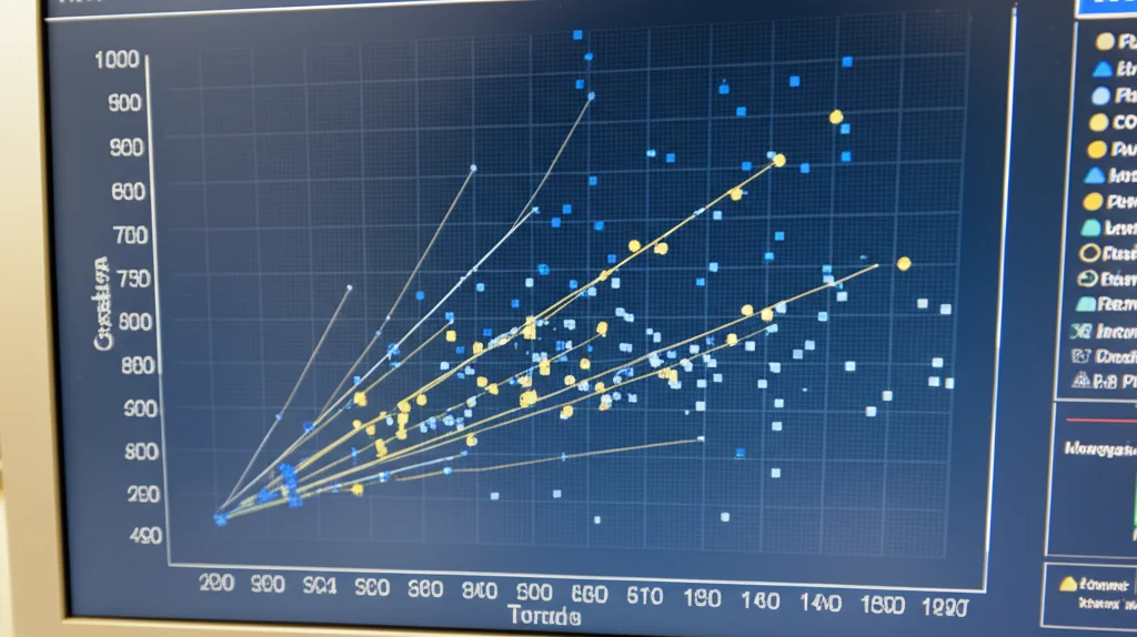 Visualizzazione astratta di dati statistici su un monitor, che mostra grafici di correlazione tra pressione sanguigna e incidenza di emicrania. Illuminazione controllata, focus preciso sui dettagli dei grafici, stile macro 80mm.