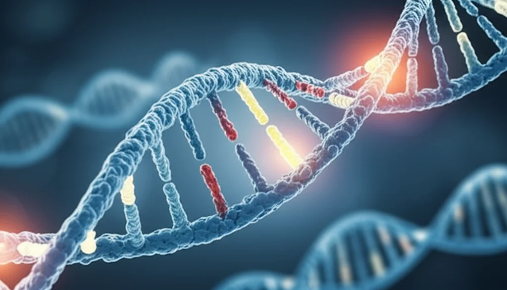Primo piano di una doppia elica di DNA stilizzata ma realistica, con alcuni segmenti illuminati che rappresentano varianti genetiche. Macro lens 100mm, high detail, luce soffusa e controllata.